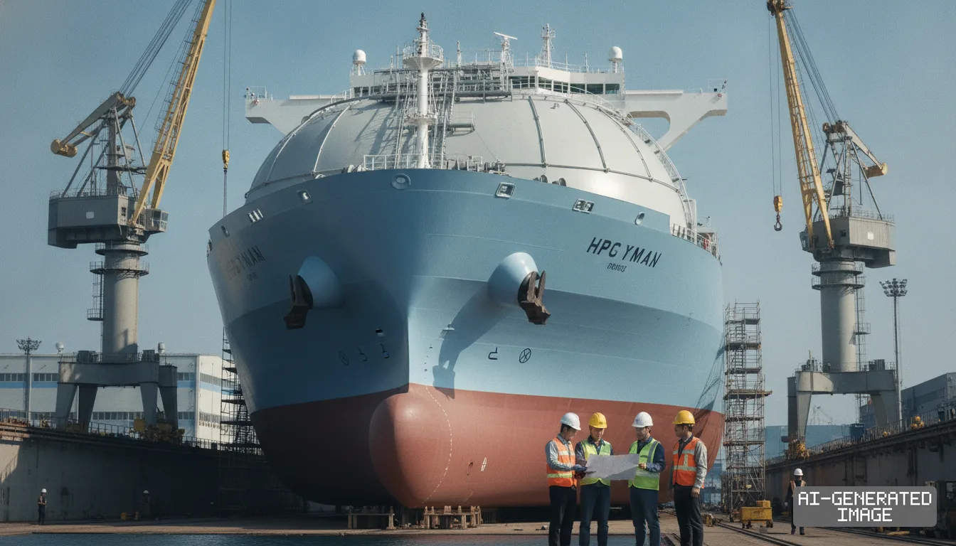 Shipyard workers review plans in front of a massive gas carrier vessel resting inside a dry dock flanked by heavy cranes. (AI-generated image)