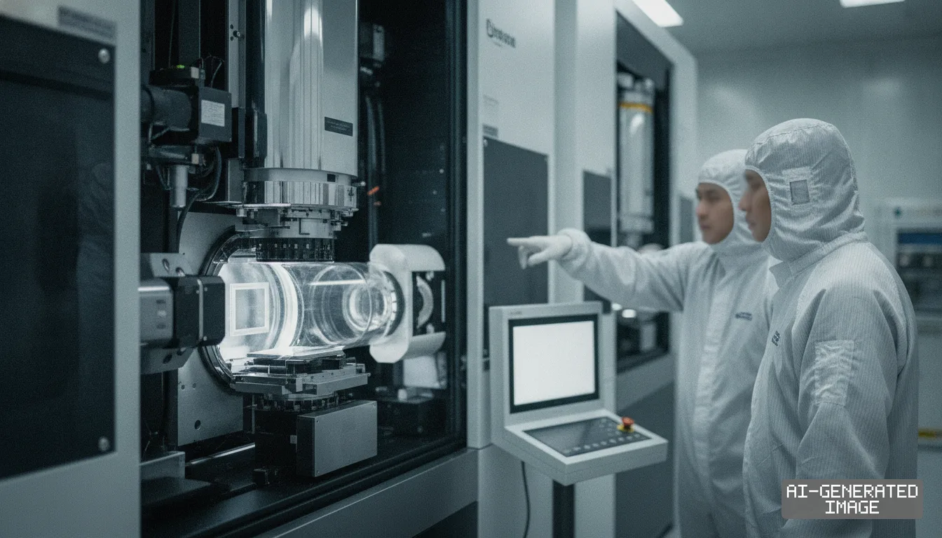 Two technicians in cleanroom suits examine advanced semiconductor manufacturing equipment inside a fabrication facility. (AI-generated image)