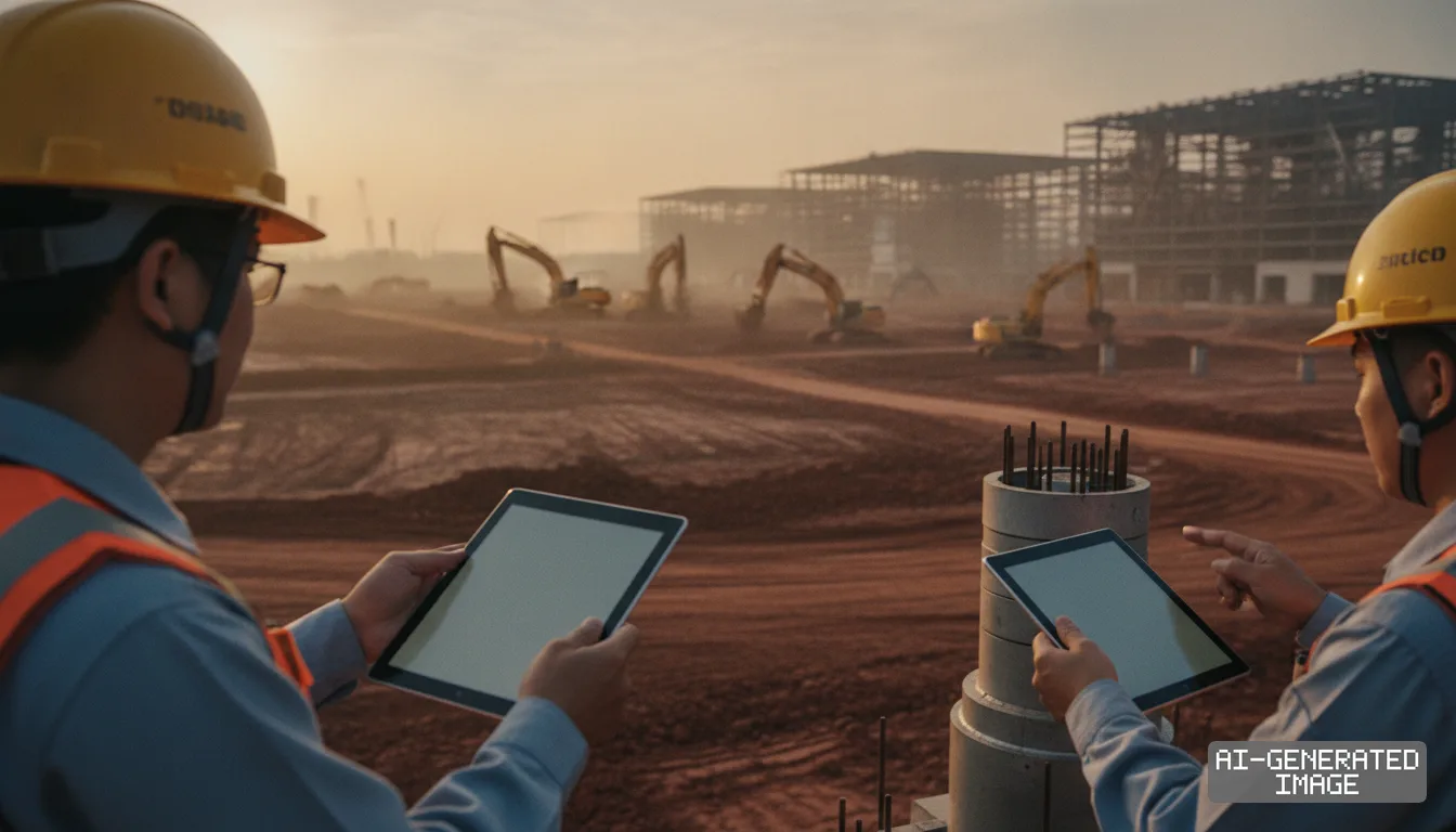 Engineers holding tablets survey a vast construction site where heavy machinery prepares ground for new semiconductor facilities. (AI-generated image)