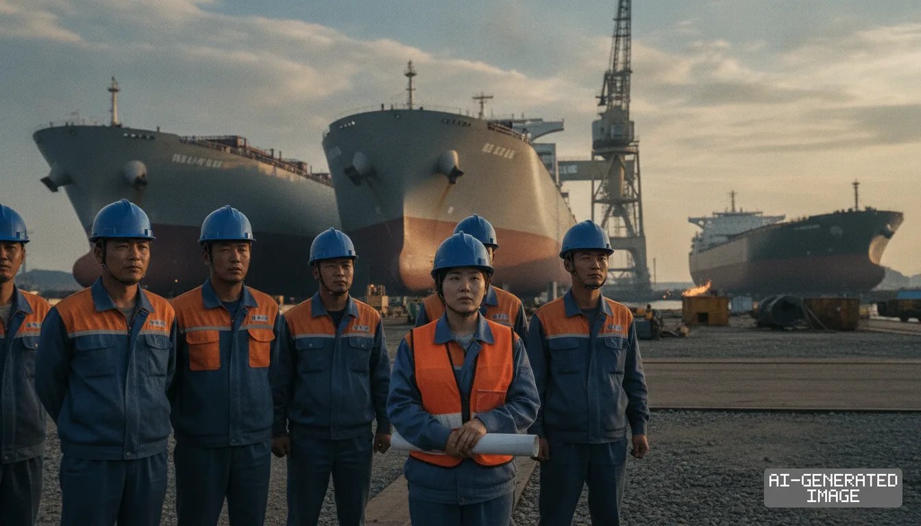 Shipyard workers wearing hard hats stand together in front of large vessels at HD Hyundai Heavy Industries during labor talks. (AI-generated image)