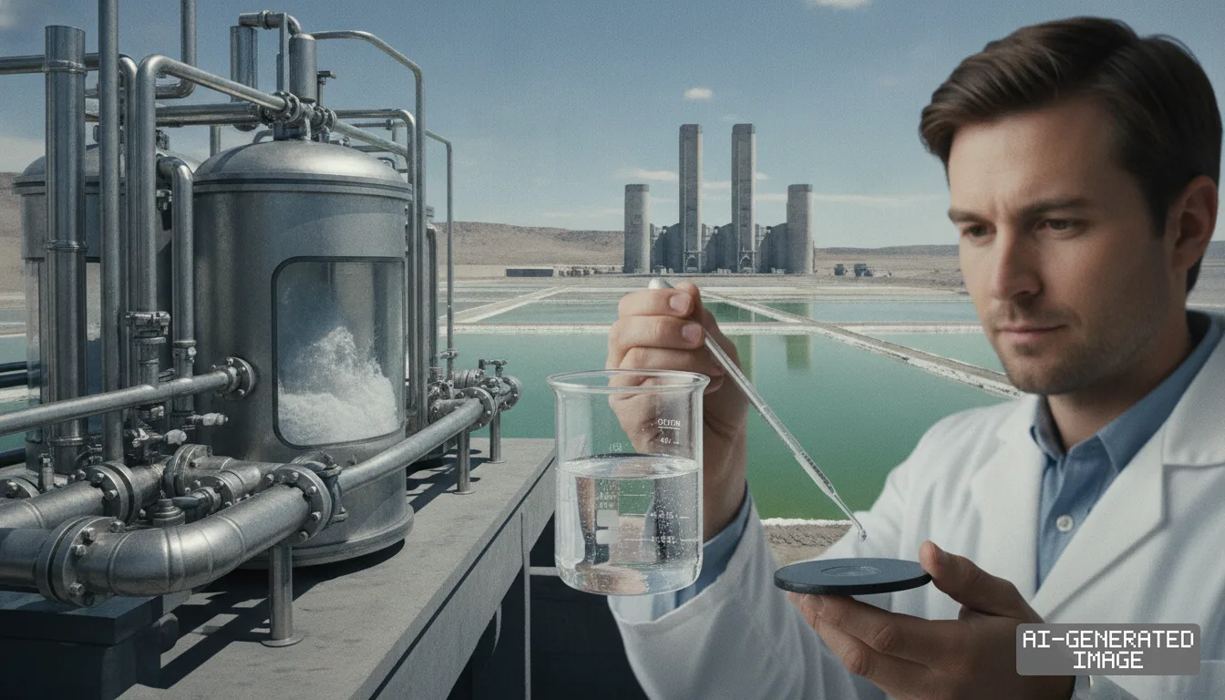 A scientist tests liquid samples beside industrial processing tanks and outdoor brine extraction pools. (AI-generated image)