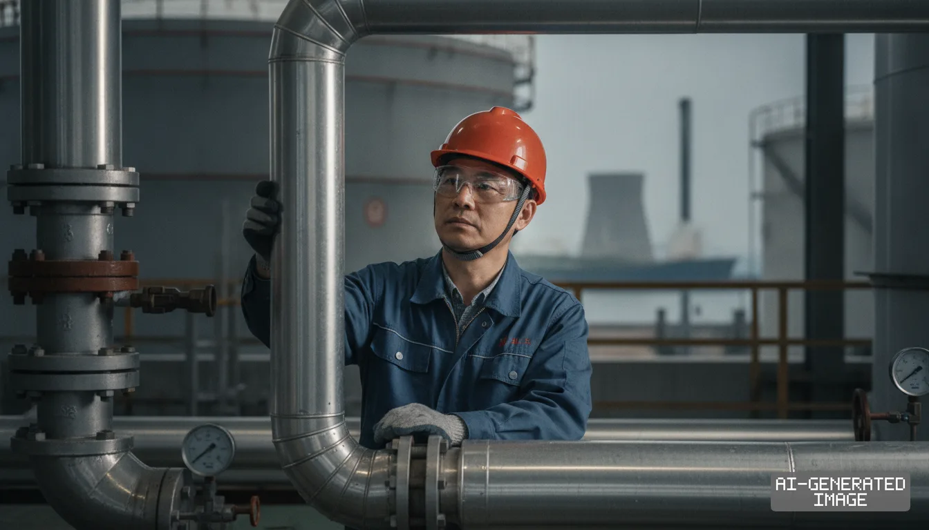 A worker in safety gear stands near industrial pipelines at an energy facility as officials discuss easing tariffs on liquefied natural gas. (AI-generated image)