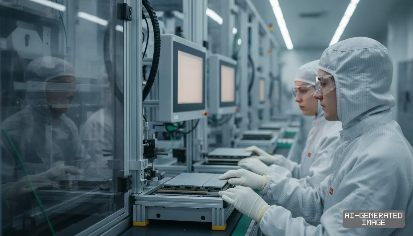 Technicians in cleanroom suits assemble battery components along an automated line inside an electric vehicle battery manufacturing facility. (AI-generated image)