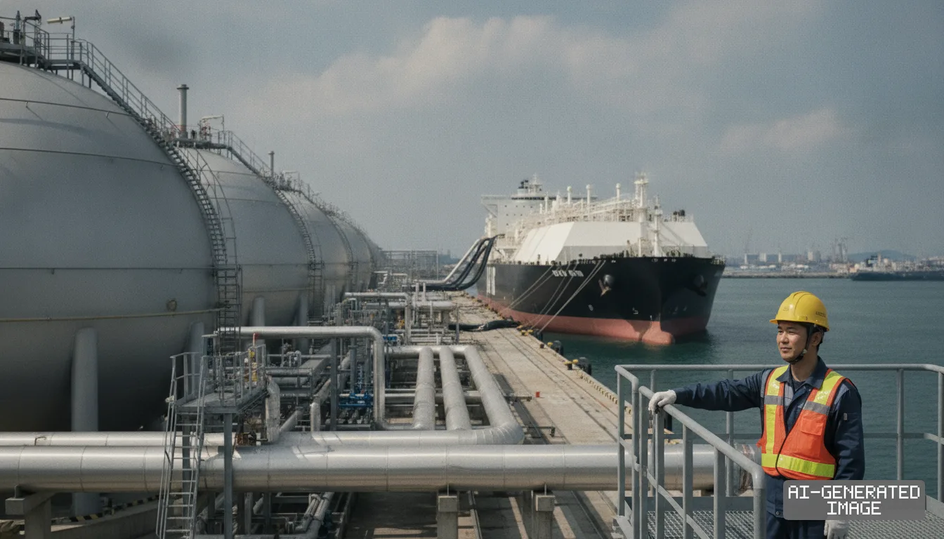 A worker stands near pipelines and large storage tanks as a liquefied natural gas tanker sits docked at a coastal terminal. (AI-generated image)