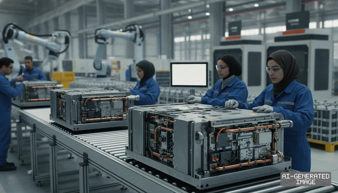 Workers inspect and assemble commercial battery packs along a conveyor line inside an advanced manufacturing facility. (AI-generated image)