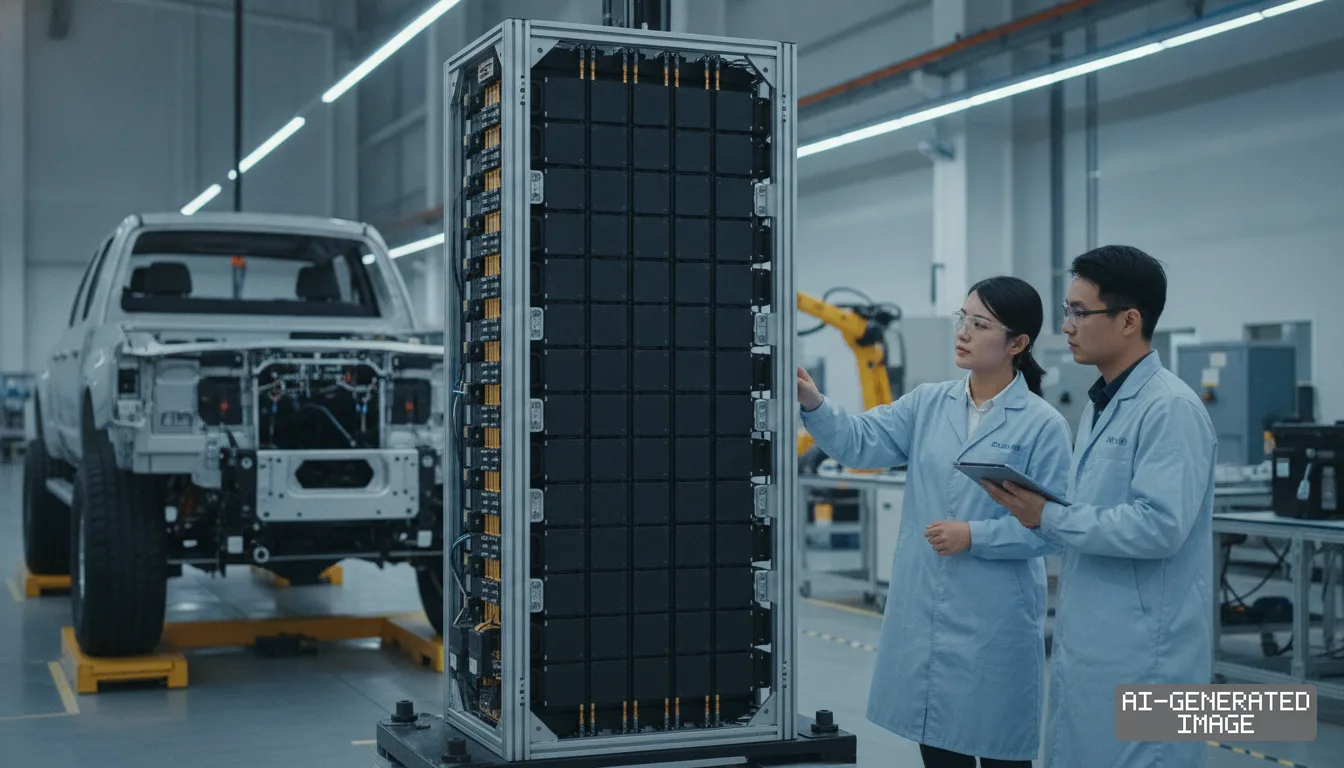 Two engineers examine a tall battery pack beside a pickup truck chassis inside an automotive facility. (AI-generated image)