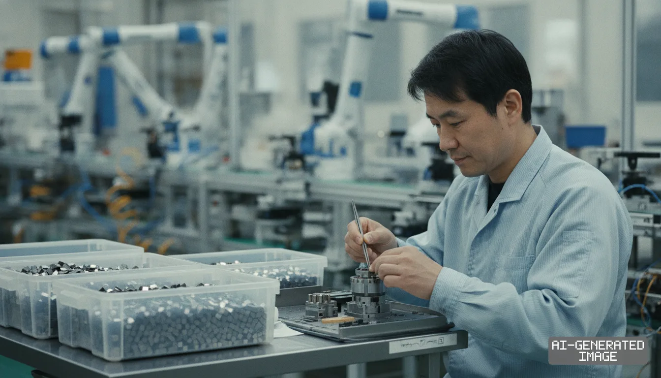 A technician uses tweezers to assemble a precision motor component beside bins of metal parts in an automated factory. (AI-generated image)