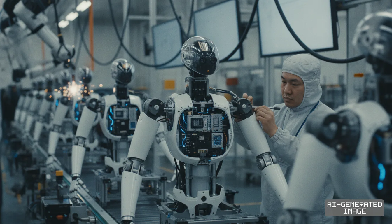 A technician in cleanroom gear works on a humanoid robot along a factory assembly line producing standardized general-purpose robots. (AI-generated image)