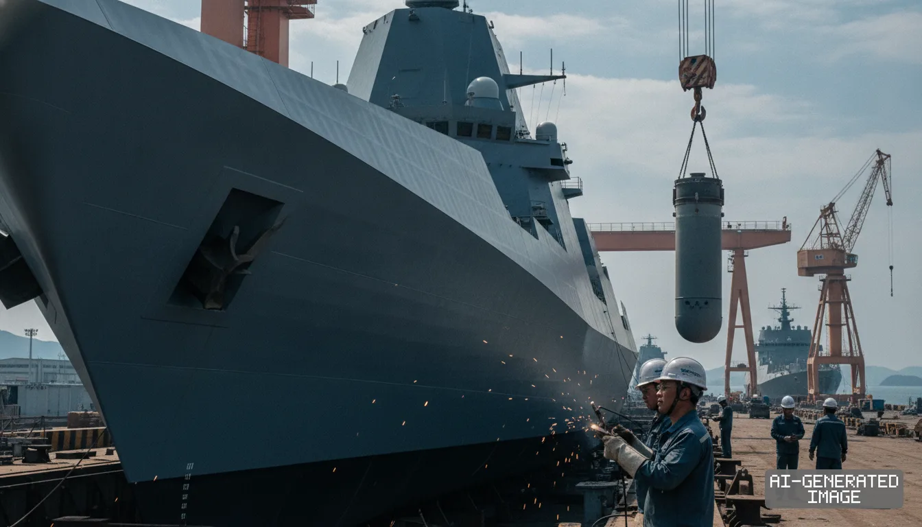 Shipyard workers weld near the hull of a stealth warship under construction as South Korean shipbuilders expand their naval export contracts. (AI-generated image)