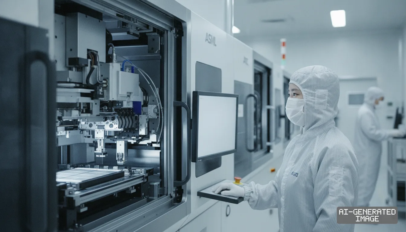 A technician wearing protective gear operates an advanced ASML semiconductor manufacturing system inside a cleanroom facility. (AI-generated image)