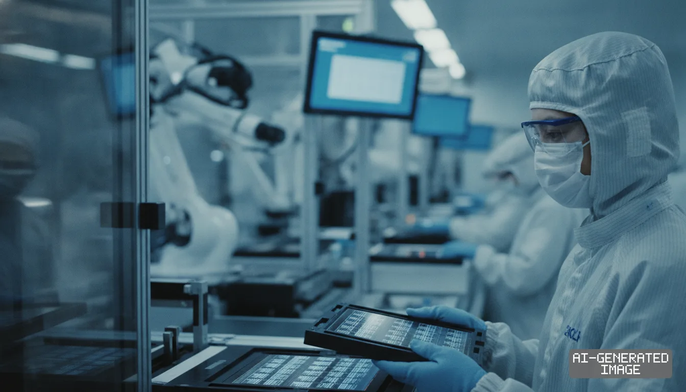 A technician in protective cleanroom gear inspects a tray of semiconductor chips along an automated production line. (AI-generated image)