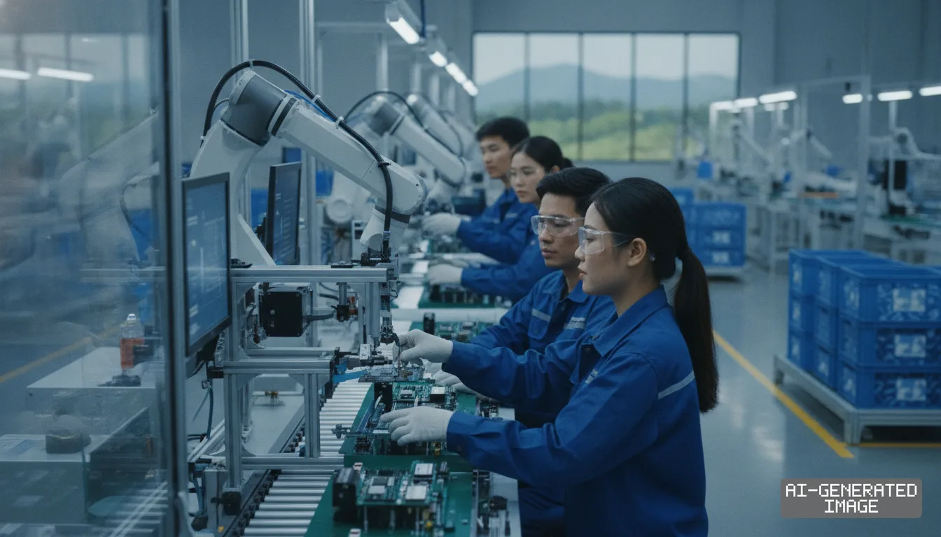 Technicians assemble circuit boards alongside robotic arms on an automated electronics assembly line. (AI-generated image)