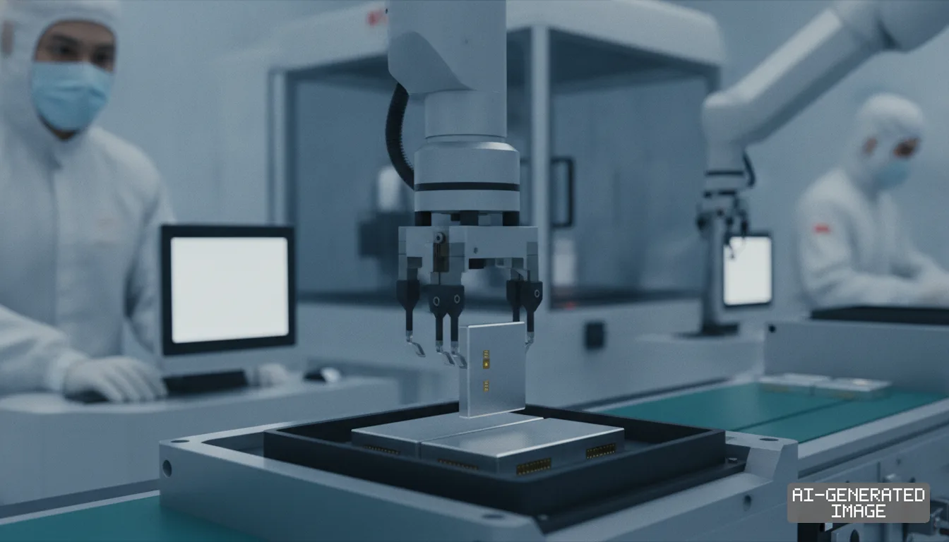 A robotic arm positions a battery cell on an automated assembly line as technicians in cleanroom suits monitor the facility. (AI-generated image)