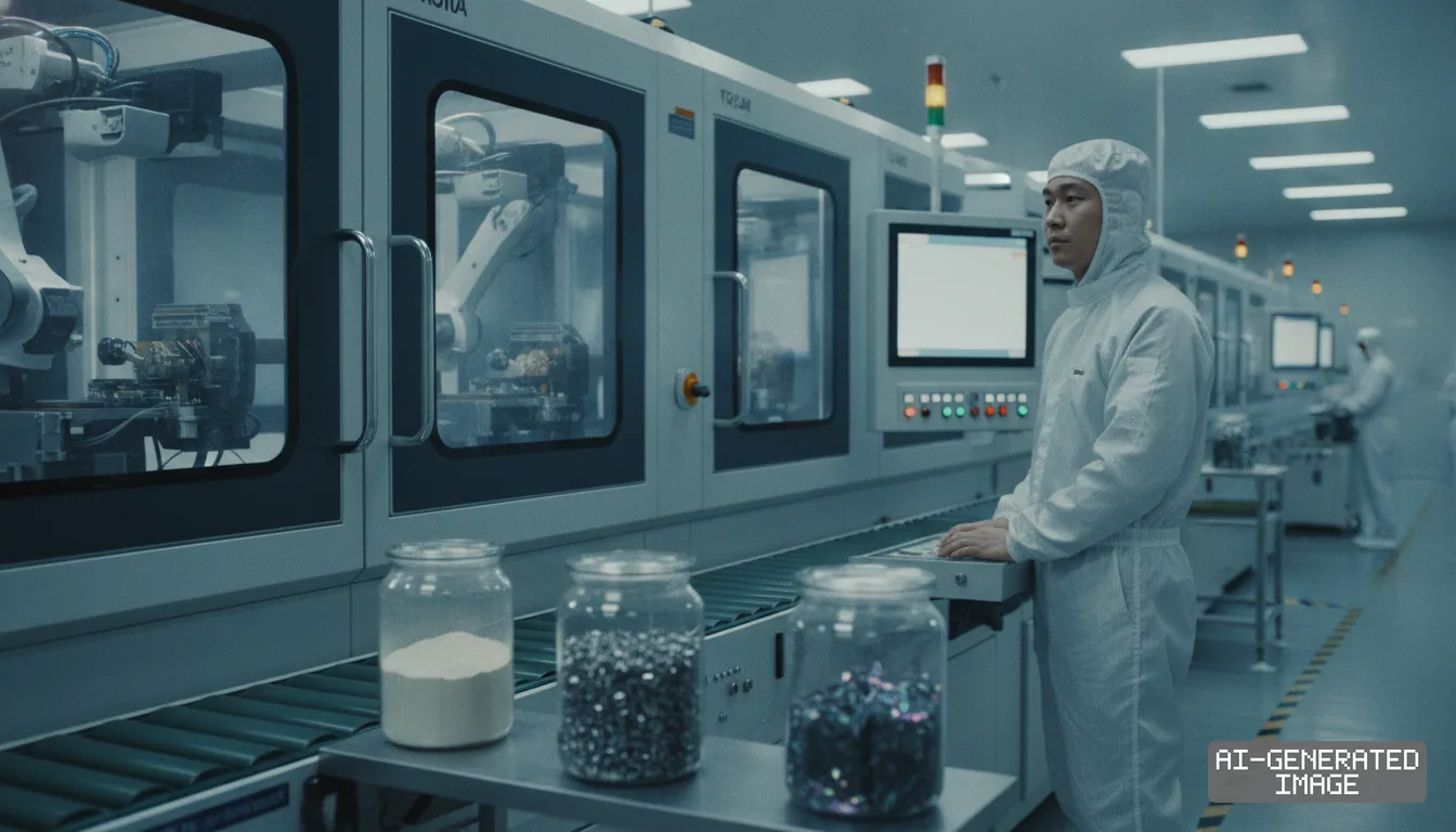 A technician in protective gear monitors automated equipment alongside jars of mineral materials in a processing facility. (AI-generated image)