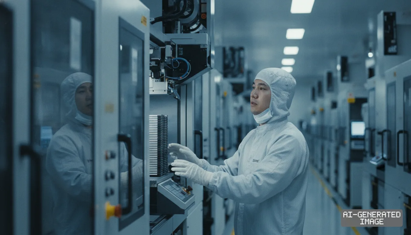 A technician in cleanroom attire operates equipment inside a semiconductor wafer fabrication facility. (AI-generated image)