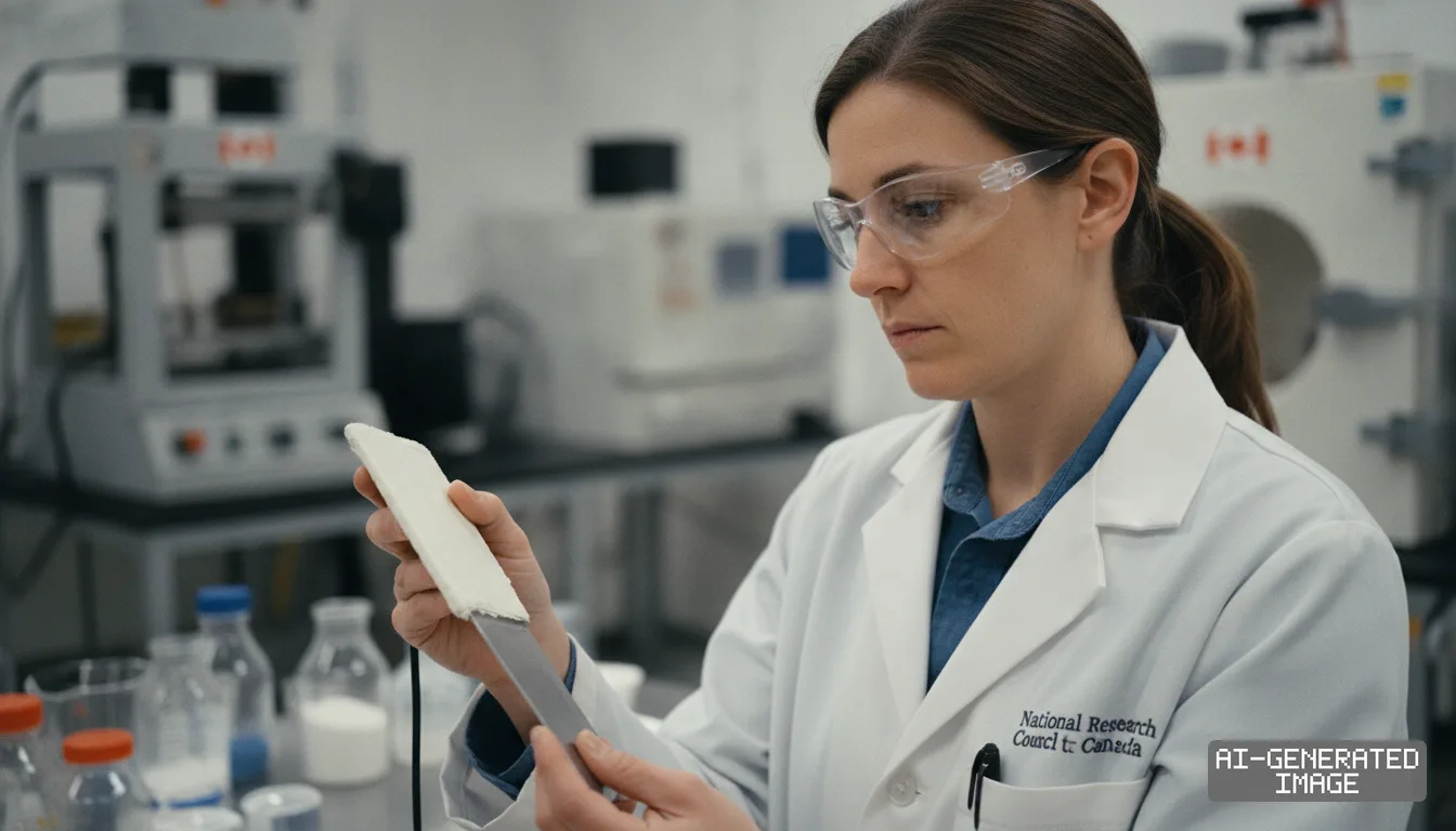A researcher inspects a ceramic-coated metal sample inside a National Research Council of Canada laboratory. (AI-generated image)