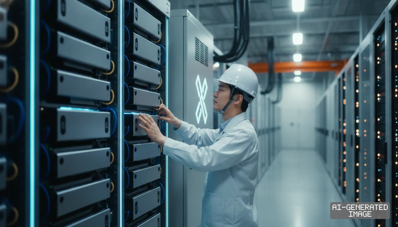 A technician inspects equipment racks inside a facility designed to supply backup power for artificial-intelligence data centers. (AI-generated image)