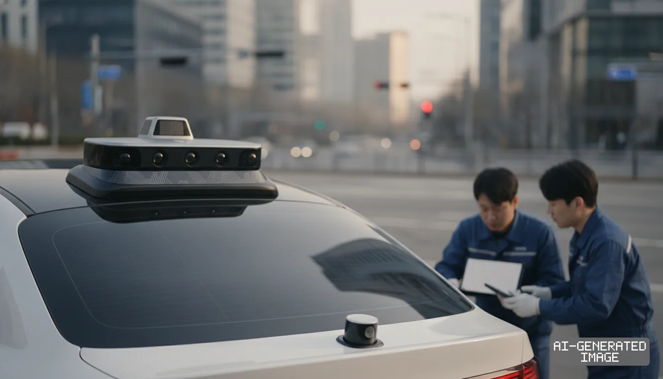 Technicians check data on a tablet beside an autonomous vehicle fitted with rooftop sensors along an urban street. (AI-generated image)