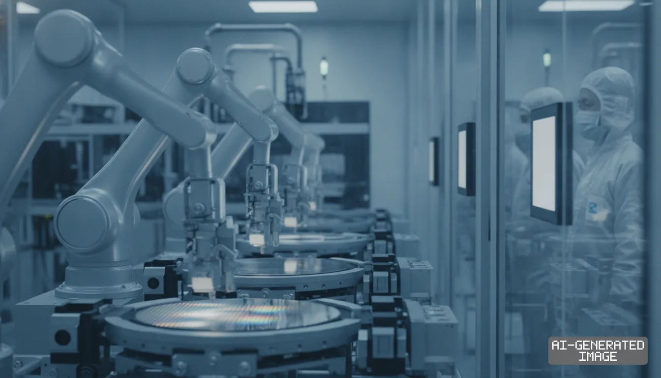 Robotic arms process silicon wafers in an automated cleanroom facility as workers in protective suits monitor semiconductor manufacturing. (AI-generated image)