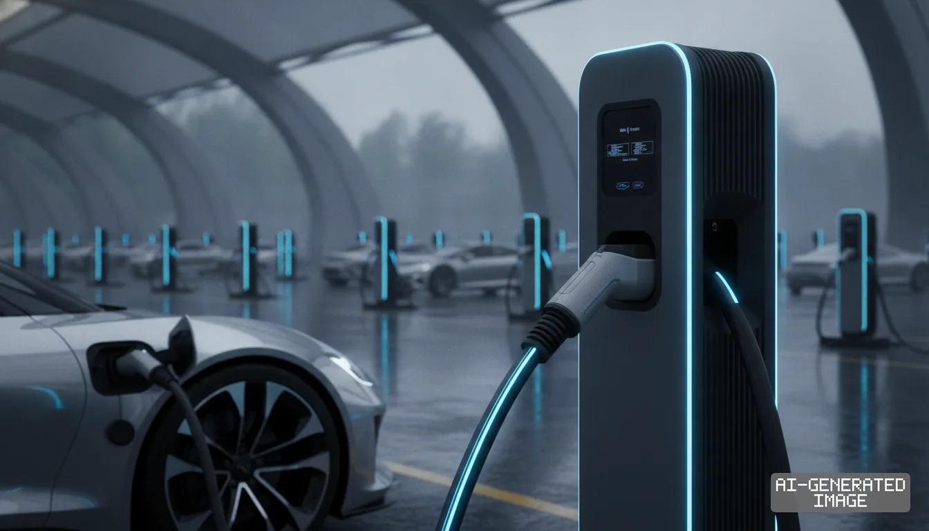 An electric car plugs into an illuminated charging stall at a covered electric vehicle charging station. (AI-generated image)