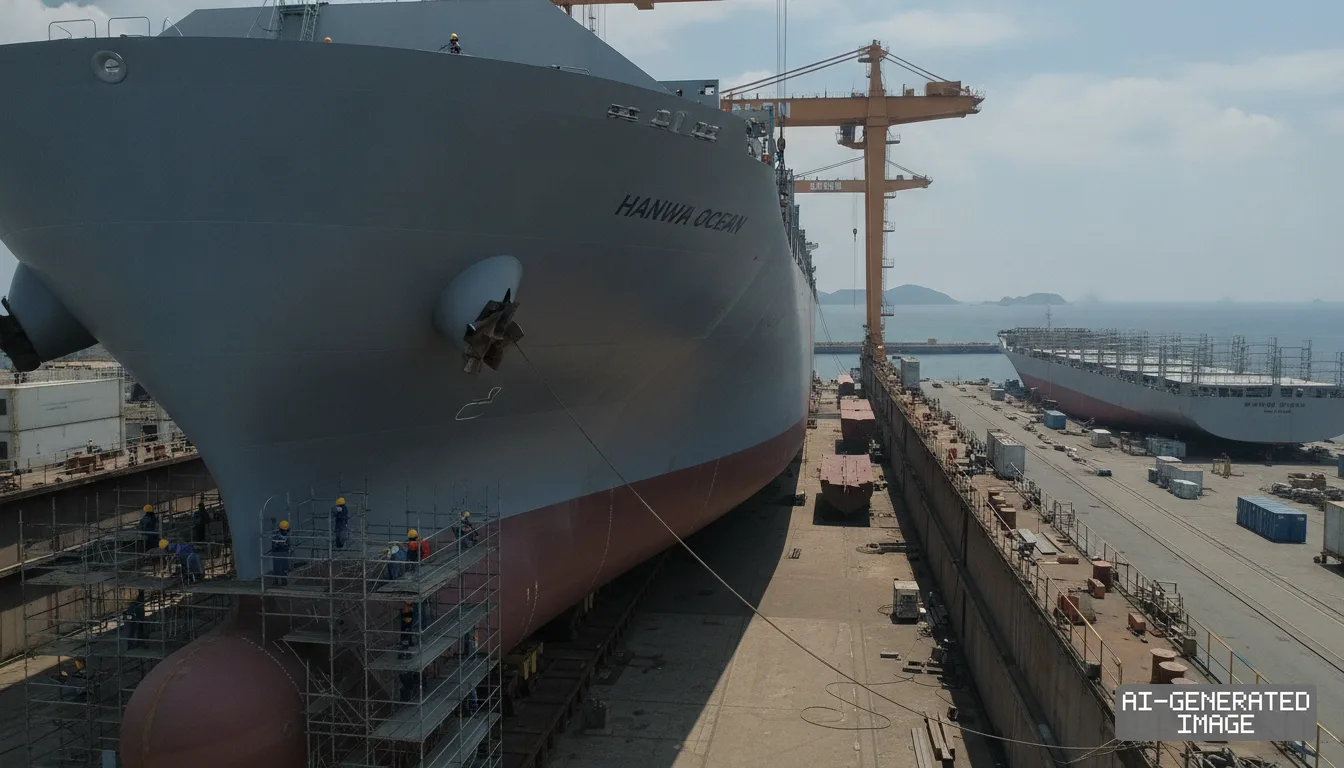 Workers stand on scaffolding around a large ship at a Hanwha Ocean shipyard dry dock as the company pursues major container vessel orders. (AI-generated image)