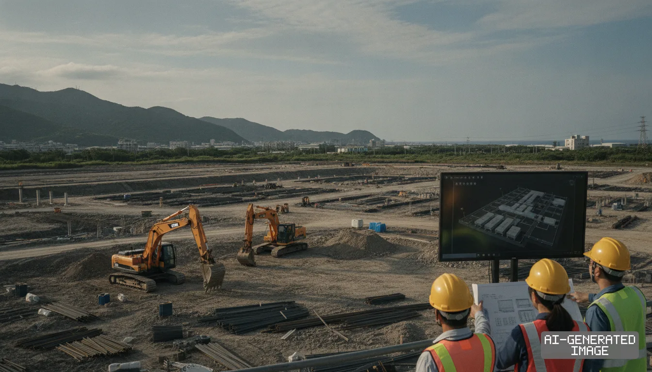 Workers review blueprints and a digital display overlooking an expansive construction site for the industrial park in Kaohsiung. (AI-generated image)
