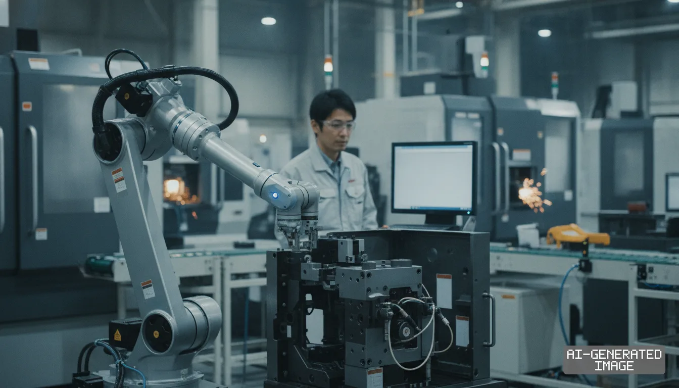 A worker monitors an automated robotic arm operating on industrial machinery inside a manufacturing plant. (AI-generated image)