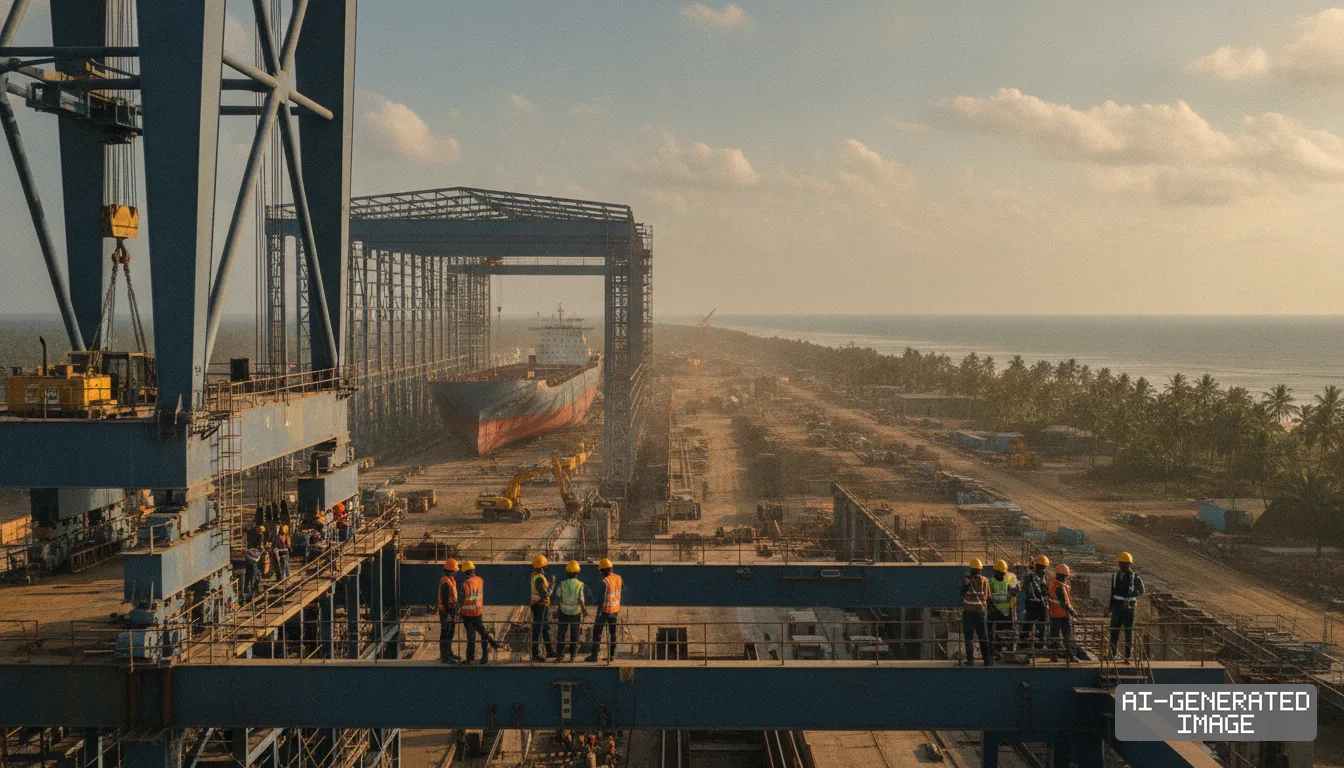 Workers stand on an industrial crane beam at a coastal shipyard site where a large vessel sits under construction. (AI-generated image)