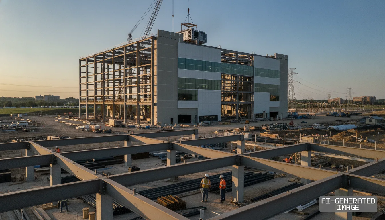 Workers stand amid steel framing at the construction site of SK hynix's advanced packaging facility in West Lafayette, Indiana. (AI-generated image)