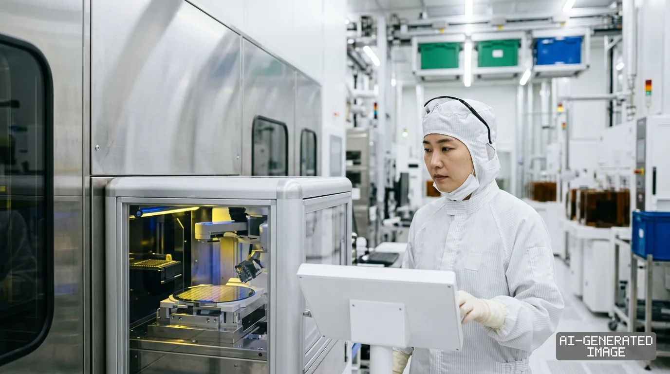 A worker in protective cleanroom gear monitors equipment processing a silicon wafer inside a semiconductor manufacturing facility. (AI-generated image)