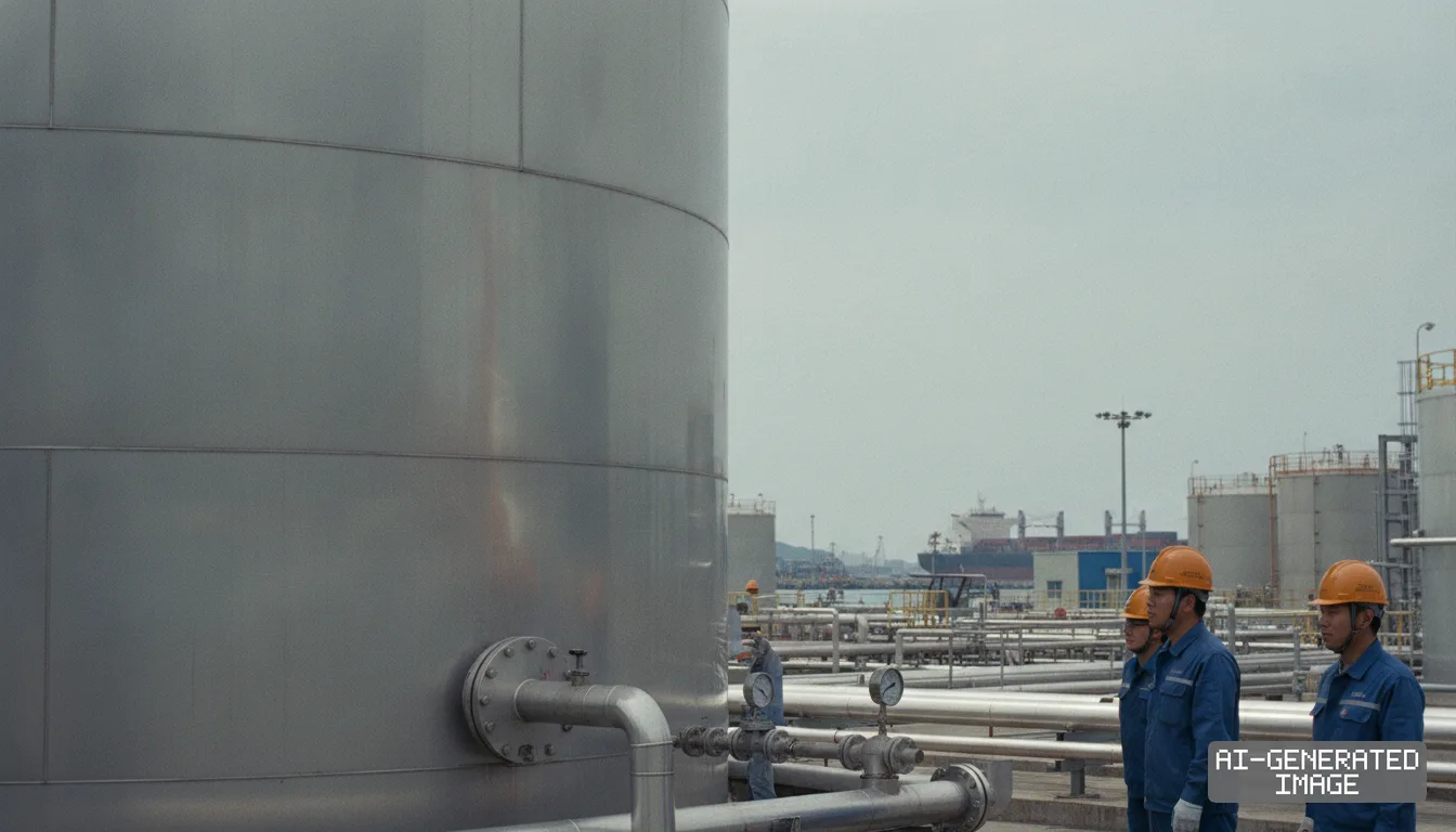 Workers wearing protective hard hats stand near large storage tanks and pipeline systems at a coastal chemical terminal. (AI-generated image)