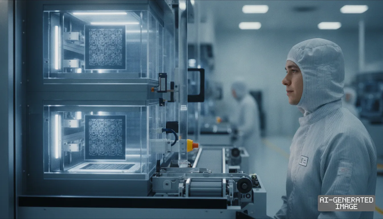 A technician in cleanroom attire monitors automated machinery processing semiconductor components inside a chip fabrication facility. (AI-generated image)