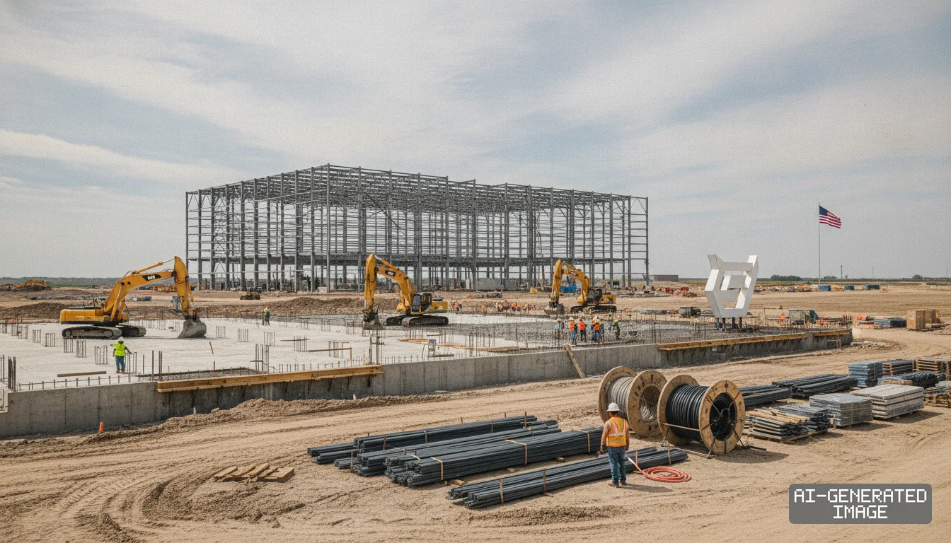 Excavators and workers operate across the construction site of the Samsung SDI battery facility in New Carlisle, Indiana. (AI-generated image)