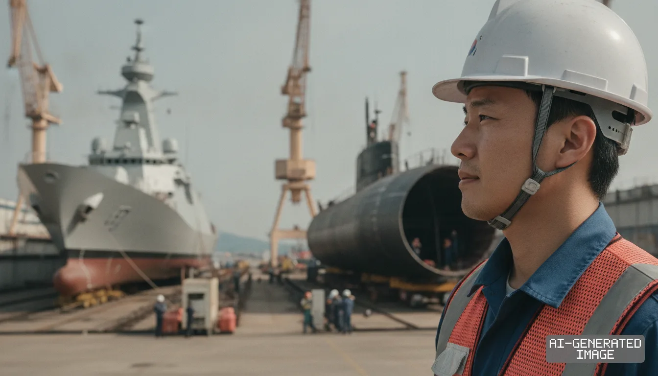 A shipyard worker stands in front of a naval combatant and a submarine hull under construction in a South Korean shipyard. (AI-generated image)