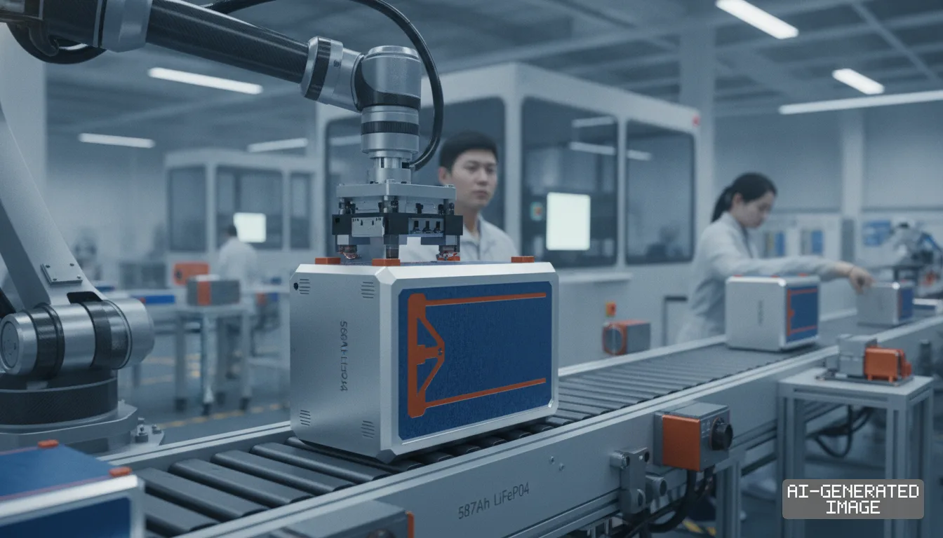 A robotic arm handles a 587Ah lithium iron phosphate battery cell on an assembly conveyor line inside an automated manufacturing facility. (AI-generated image)
