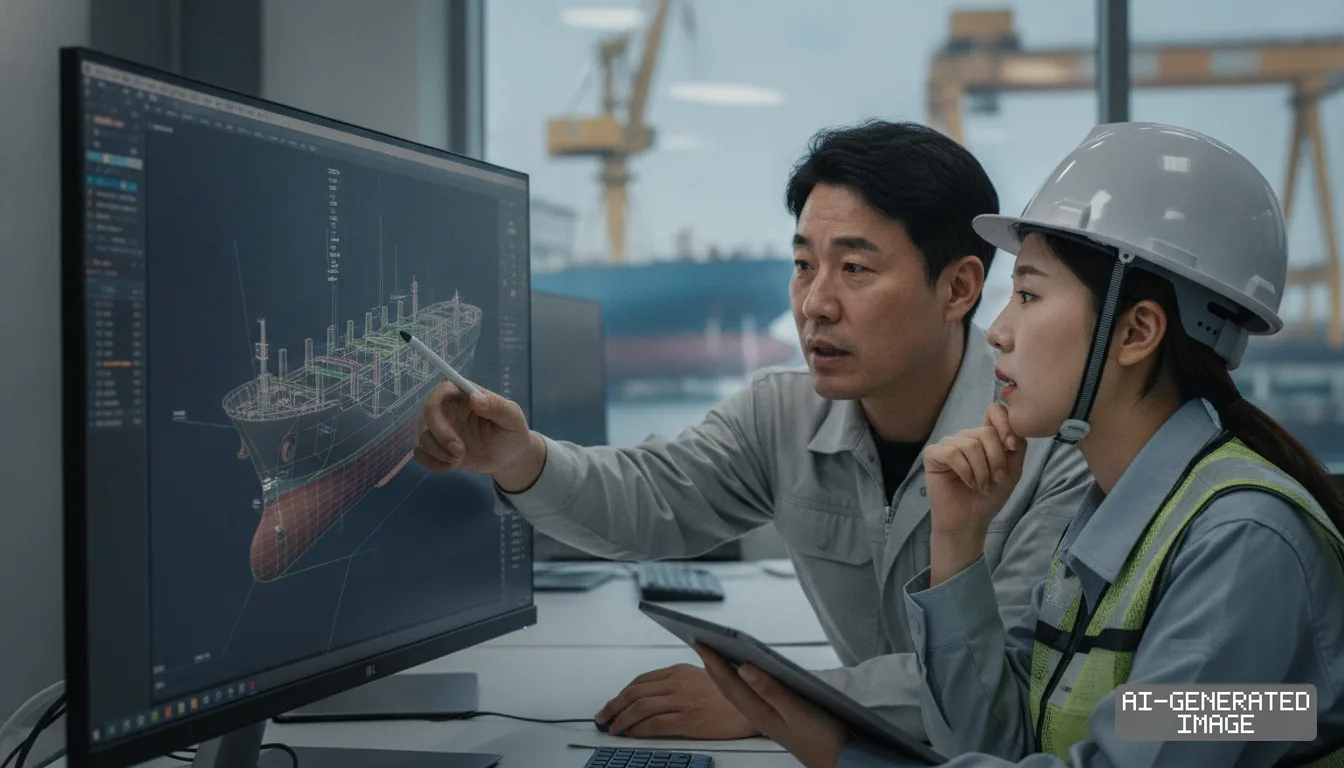 Two engineers examine a three-dimensional digital model of a ship on a computer monitor overlooking a shipyard. (AI-generated image)