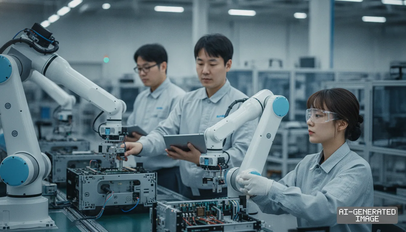 Factory technicians work alongside collaborative robotic arms assembling electronic components on an automated production line. (AI-generated image)