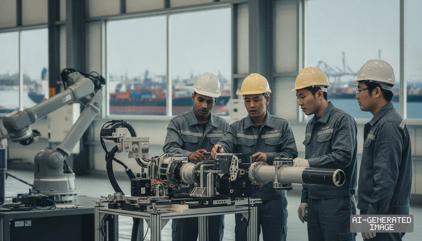 Engineers in hard hats inspect machinery at a facility as India and Japan seek to boost joint defense equipment production. (AI-generated image)