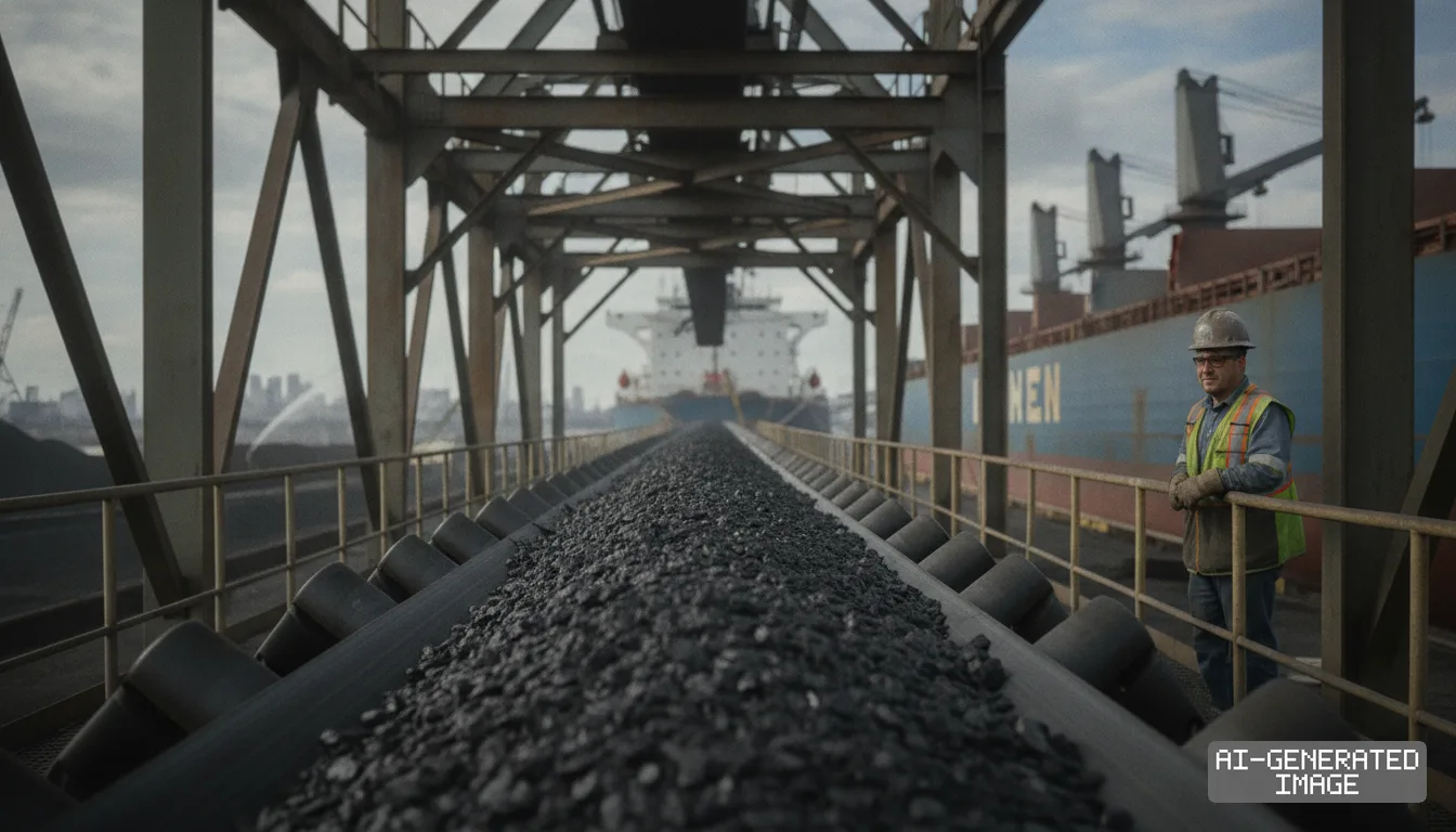 Coal travels along a conveyor belt toward a docked cargo ship at a port as a worker in a hard hat stands by a railing. (AI-generated image)