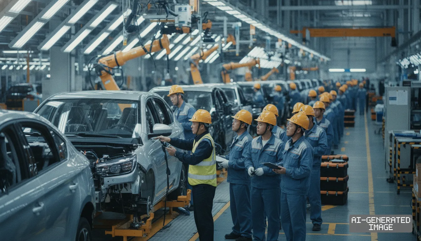 Automotive workers in hard hats inspect a car on an active assembly line inside a manufacturing plant. (AI-generated image)
