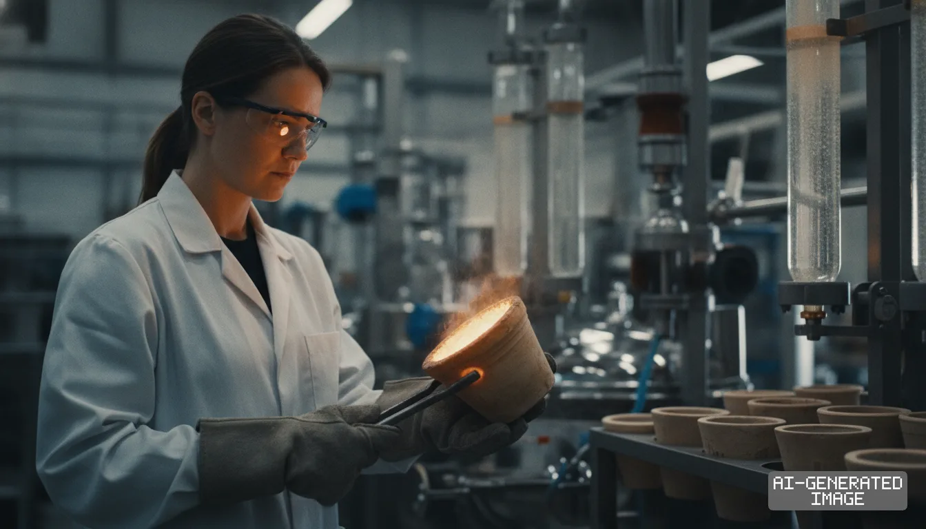 A technician in protective gear uses tongs to hold a glowing crucible inside a mineral processing laboratory. (AI-generated image)