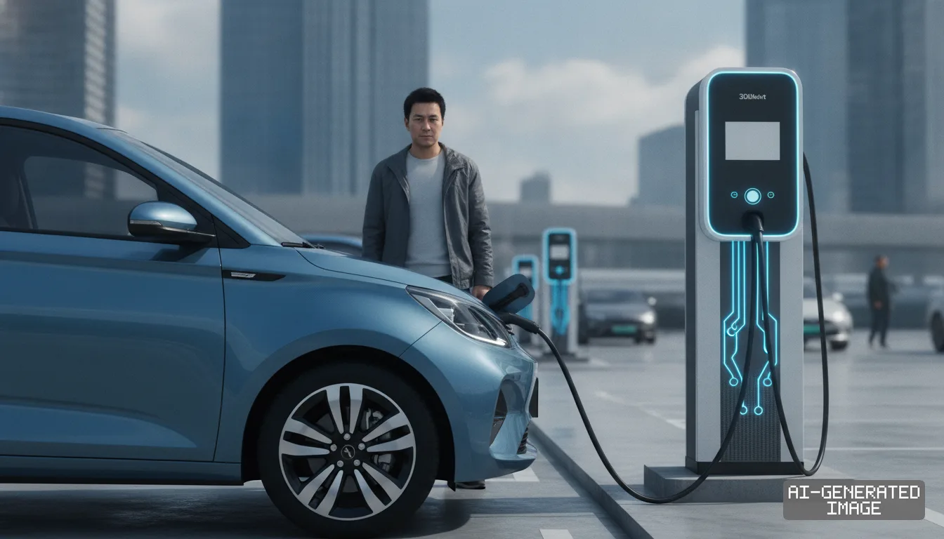 A blue electric car connects to a fast-charging station in an urban parking lot while a man stands nearby. (AI-generated image)