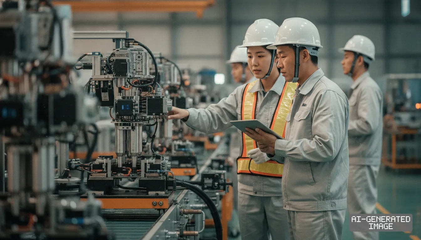 Engineers in hard hats inspect machinery along a production line while reviewing data on a digital tablet. (AI-generated image)