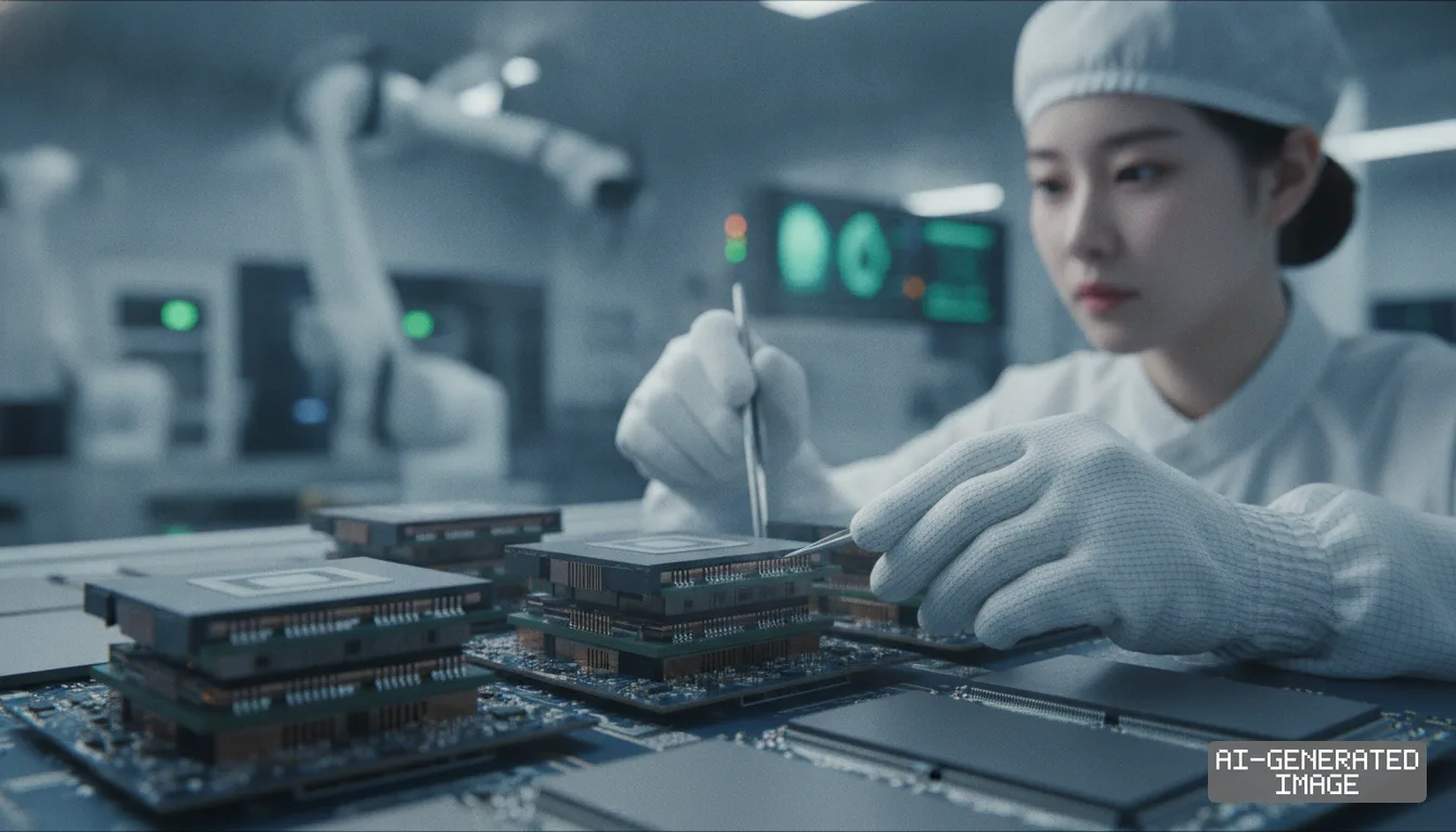 A cleanroom technician uses tweezers to inspect stacked semiconductor chips on an advanced assembly line. (AI-generated image)