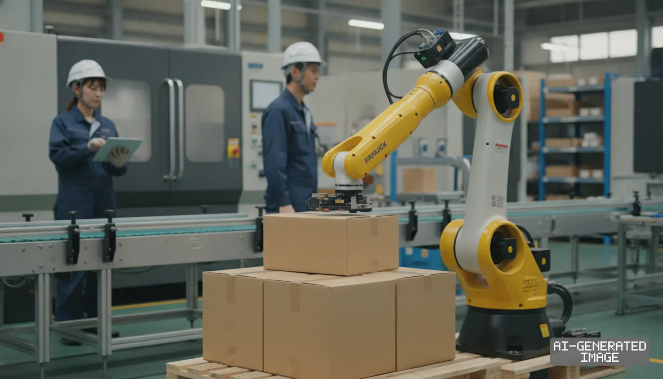 A FANUC robotic arm stacks cardboard boxes onto a pallet as factory workers monitor operations along an automated assembly line. (AI-generated image)