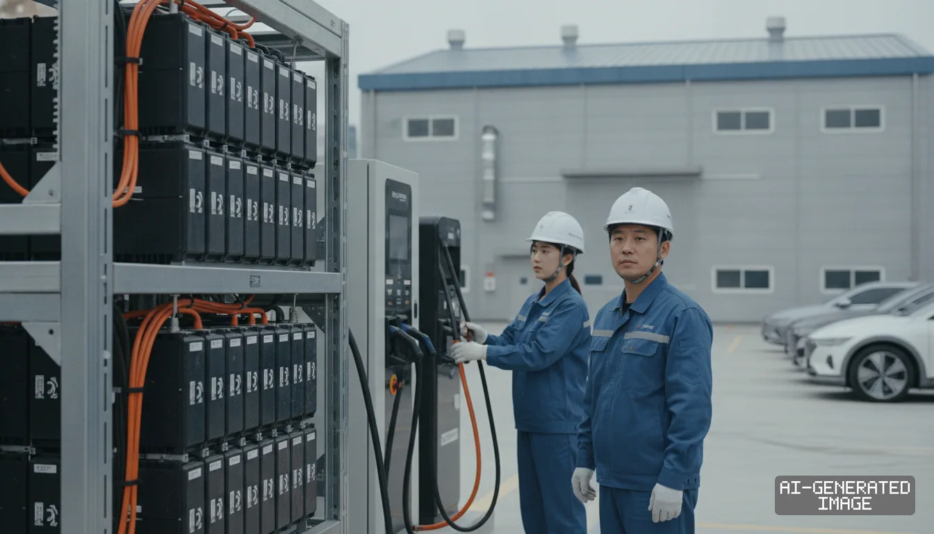 Workers stand beside a battery energy storage system and an electric vehicle fast charger at an industrial facility in South Korea. (AI-generated image)