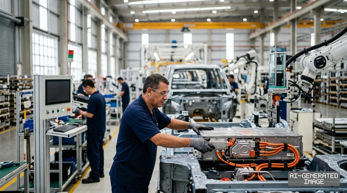 A worker installs an electric vehicle battery pack onto a car chassis along an automotive assembly line. (AI-generated image)
