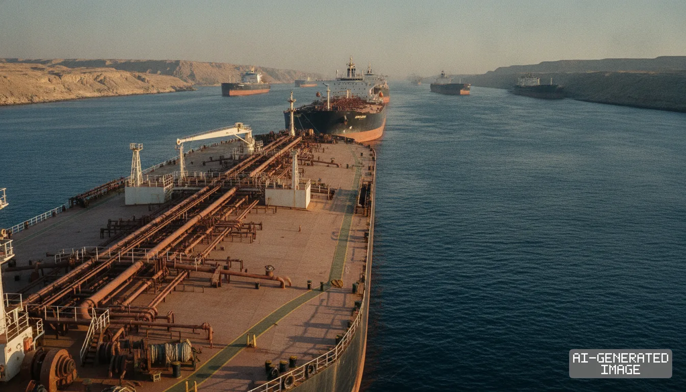 Several large oil tankers navigate in a line through a narrow waterway bordered by arid, rocky terrain. (AI-generated image)