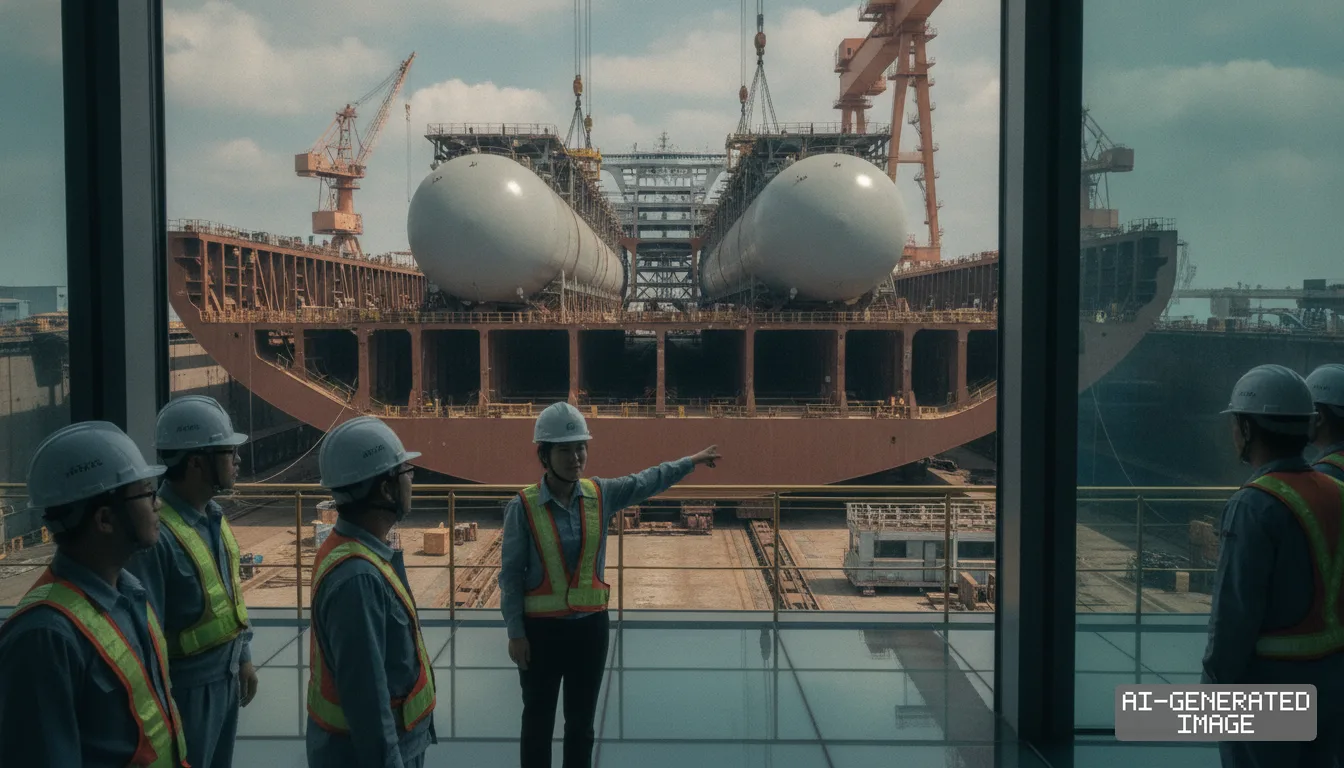 Shipyard personnel in hard hats observe a massive vessel under construction in a dry dock as large cylindrical tanks are fitted into the hull. (AI-generated image)