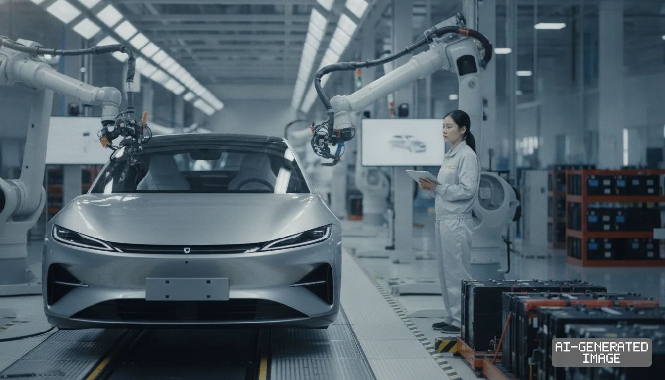 A technician holds a tablet while robotic arms assemble an electric sedan on an automated automotive production line. (AI-generated image)